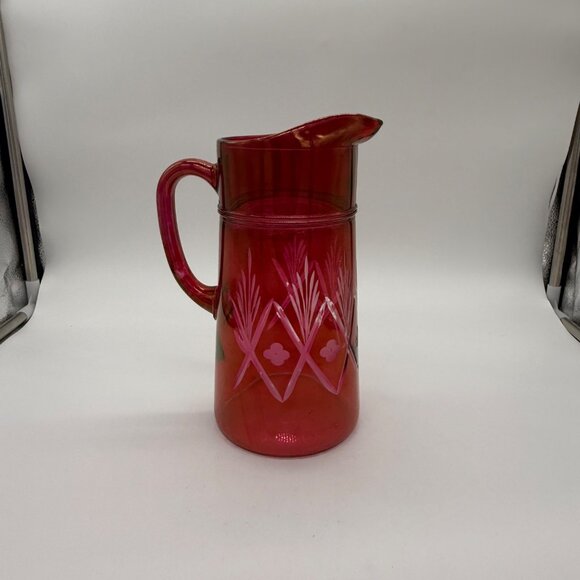 Antique European Ruby Red Overlay Glass Pitcher With Etched Wheat Pattern - Picture 2 of 8